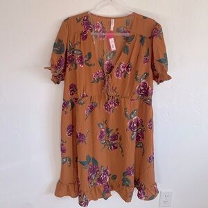 Brown purple Floral Ruffle Hem Dress tassel boho western feminine style XXL